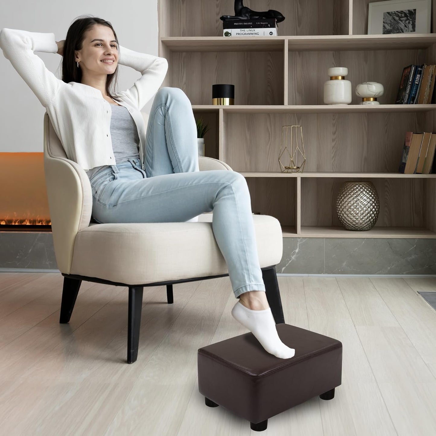 CAROLMADE Small Foot Stool Ottoman Footstool with Legs Under Desk Footrest for Living Room Bedroom and Office, Soft Ivory White