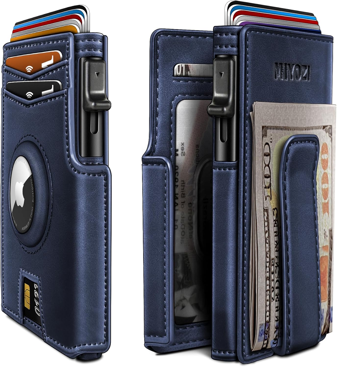 miyozi Airtag Wallet for Men,with Money Clip 10 Cards Metal Case Smart Slim Pop Up Credit Card Holder Flip with Magnetic Closure RFID Blocking wallet with Gift Box