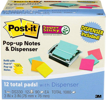 Post-it Sheet Super Sticky Note and Dispenser Value Pack, 3 in x 3 in, 12 Pads, Assorted Colors (DS330-SSVA)