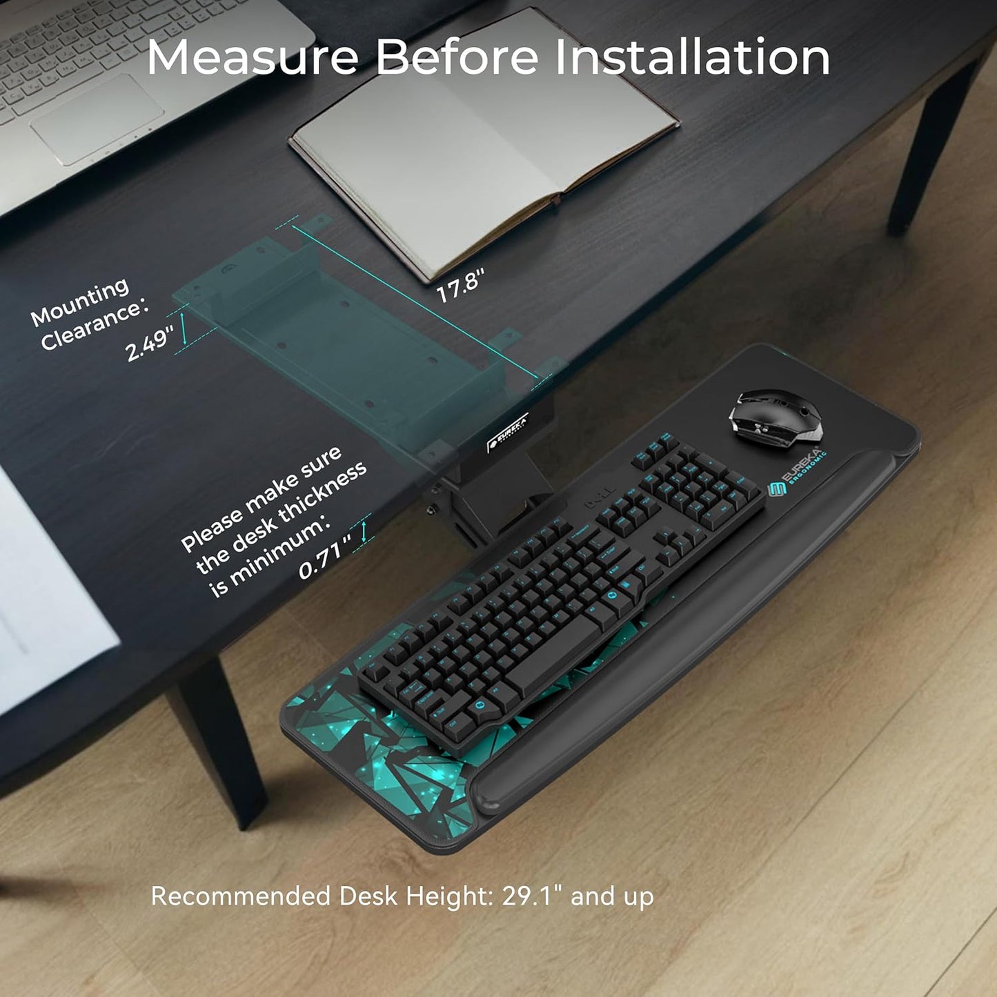EUREKA ERGONOMIC Height Adjustable Mouse & Keyboard Tray Under Desk, 28x10'' Large Slide Out Swivel Tilt Computer Keyboard Drawer with Pad for Gaming Home Office, Dual Mount