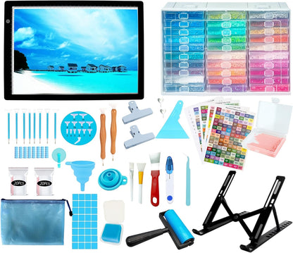 156PCS Diamond Painting Tool Kit, A4 LED Light Pad Kit with Bracket & Convex Point Design Storage Box, All Inclusive Diamond Art Accessories Set for DIY Craft, 3-Level Dimmable Tracing Light Board
