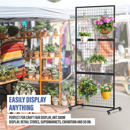 1 Pack Heavy Duty 3' x 6' Gridwall Panels Standing Wire Grid, Study Display Rack with T-Base Wheels, Suitable for Craft Merchandise Display Item Storage (Black)