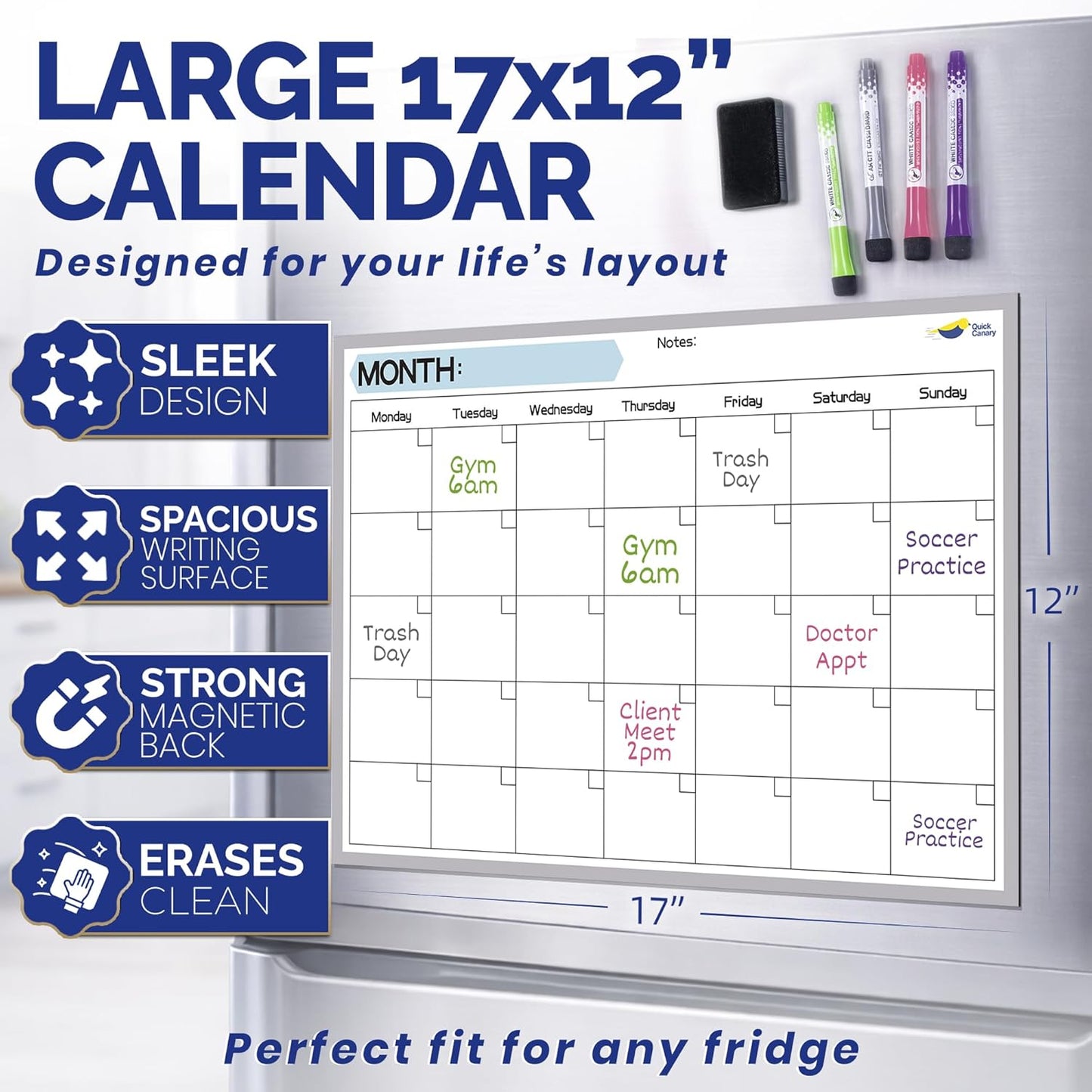 Magnetic Weekly Planner for Fridge - 17x12” Stain-Resistant Dry Erase Whiteboard Fridge Calendar with Large Writing Space for Schedules, Chores & Meals - Includes 4 Markers & Eraser