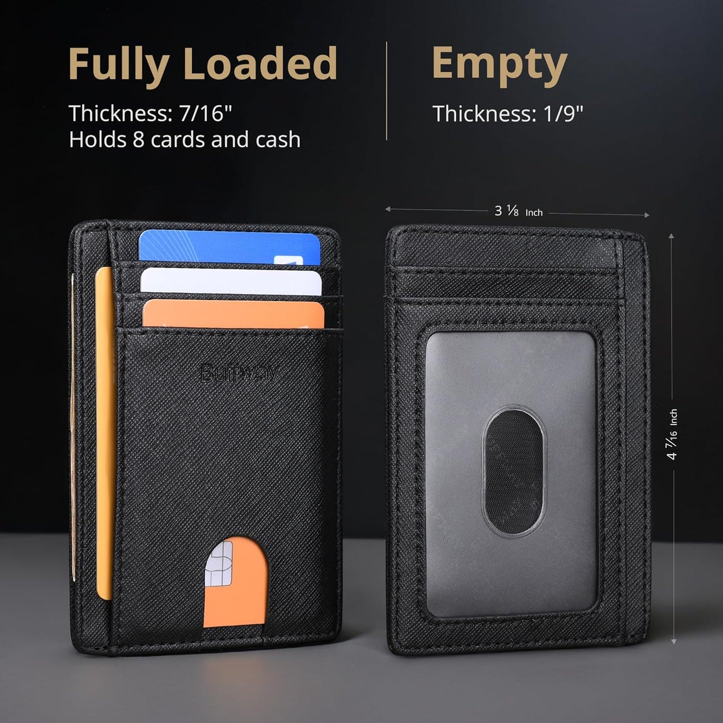 Buffway Slim Minimalist Front Pocket RFID Blocking Leather Wallets for Men and Women - Carbon Fiber Black - Colors B