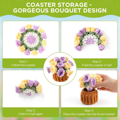 Flower Crochet Coasters, Handmade Bouquet Blanket Coaster with Crochet Plant Pot Fun Soft Decorative Drink Coasters for Coffee Tabletop Protection and Home Decor (Pink, 1Pc)