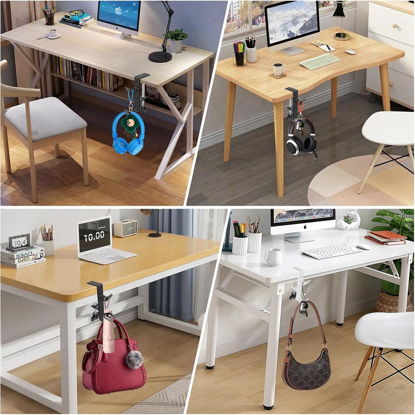 Desktop Hook Under-Table Handbag Hanger Wallet Hook Simple for Holiday Decoration Desktop Backpack Rack Headphone Hanger 2-Piece Pack Double Hook (Black)