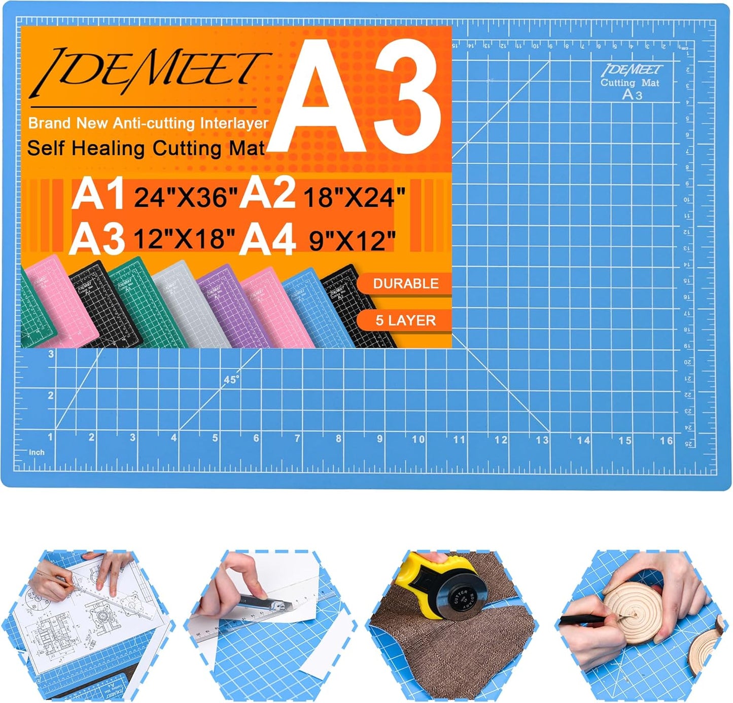 Density-upgraded 18"x12" Self Healing Cutting Mat, Idemeet Rotary Sewing Mat for Crafts, 5-Ply Blade Table Protector Cut Board for Fabric Leather Cutting Quilting Modeling Hobby Project, A3, Black
