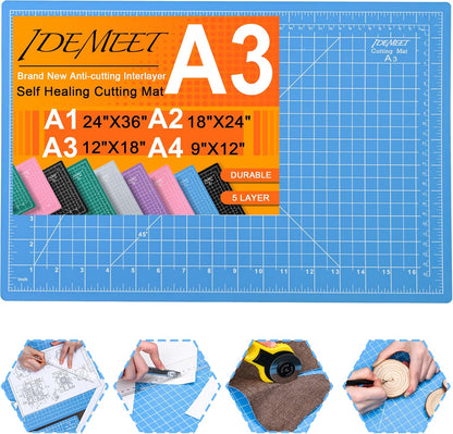 Density-upgraded 18"x12" Self Healing Cutting Mat, Idemeet Rotary Sewing Mat for Crafts, 5-Ply Blade Table Protector Cut Board for Fabric Leather Cutting Quilting Modeling Hobby Project, A3, Black