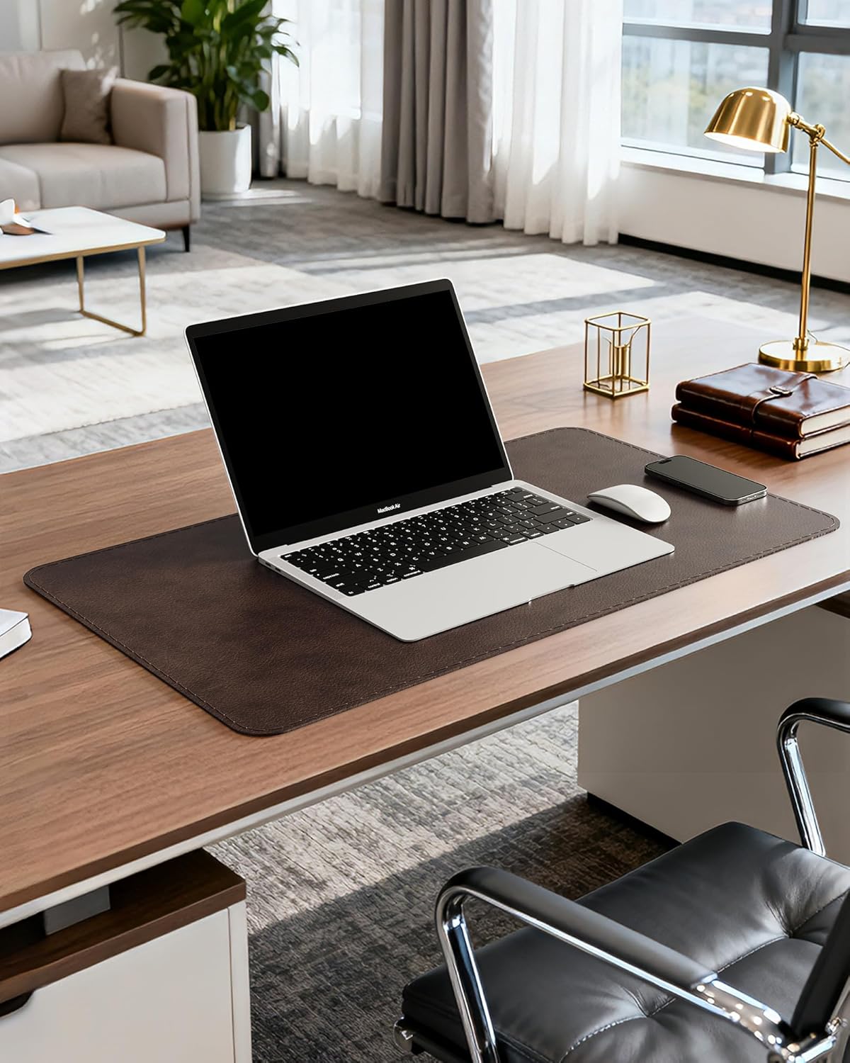 YSAGi Genuine Leather Desk Mat, 35.4"X17" Leather Desk Mat, Office Desk Pad, Thick Desk Pad with Stitched Line, Non-Slip Laptop Writing Pad with Rubber Base(Black, 35.4"X17")