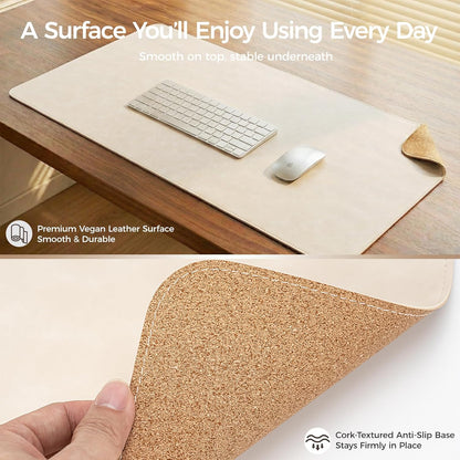 Premium Faux Leather Desk Mat & Tray Set，Innovative Cork-Look Printed Base，Gift Tube Packaging，Full-Desk Coverage，Non-Slip Desk Pad for Office Home（Olive Green）