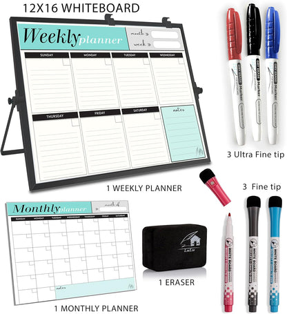 Dry Erase White Board for Desktop & Wall 12"x16" with 2 Magnetic Removable Planners - Weekly & Monthly to Do List Board with Stand, 6 Markers Eraser & Wall Hangers - Portable Double Sided Magnetic