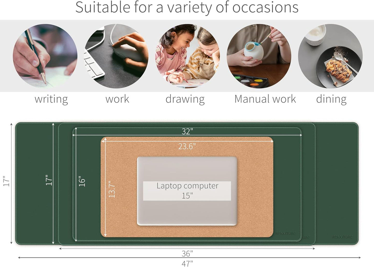 RENMTURE Dual-Sided Mouse Pad, Natural Cork & PU Leather Large Desk Pad for Office and Home Work, Desk Protector Non-Slip, Waterproof, Easy Clean (Olive Green, 32"x16")