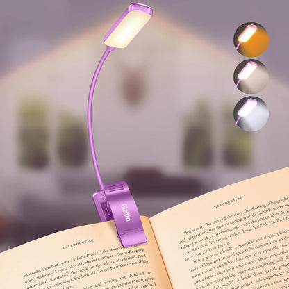 Gritin 9 LED Rechargeable Book Light for Reading in Bed - Eye Caring 3 Color Temperatures,Stepless Dimming Brightness,80 Hrs Runtime Small Lightweight Clip On Book Reading Light for Studying
