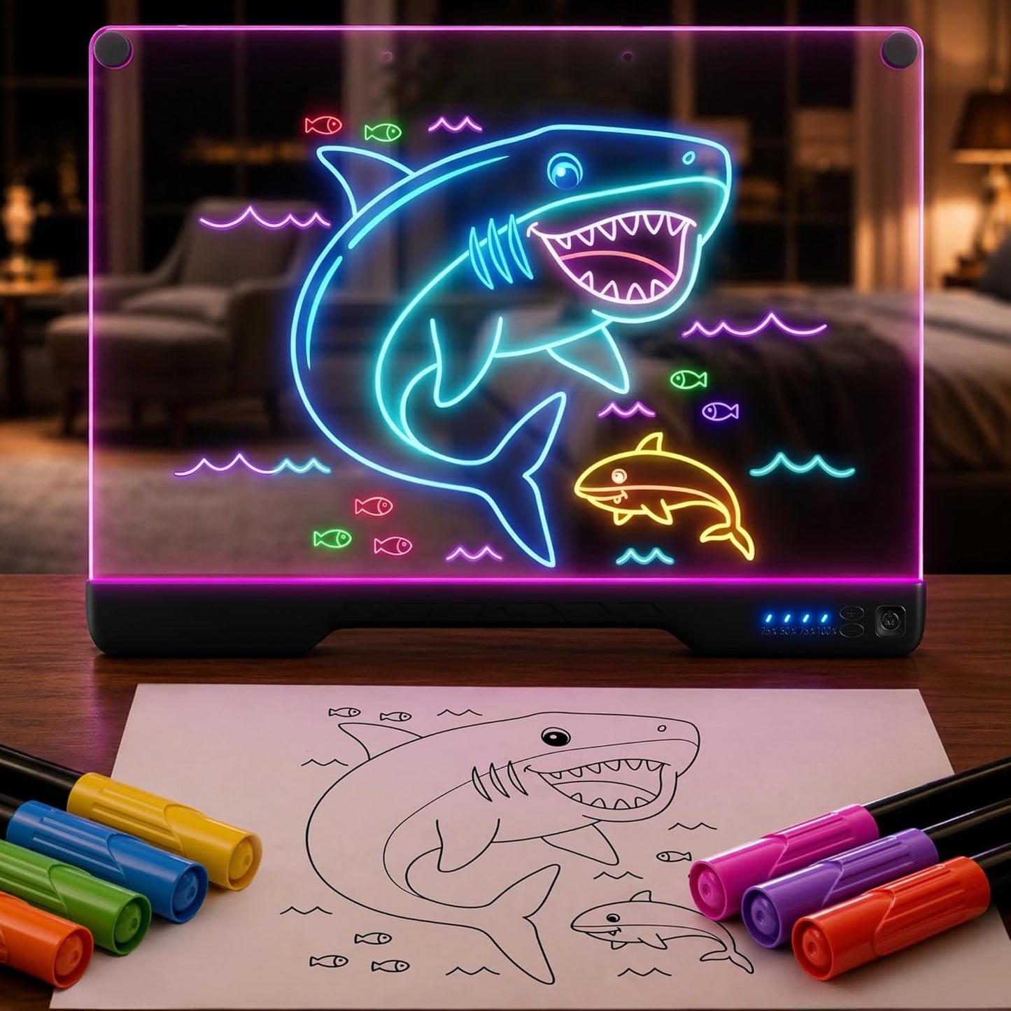 Upgraded 16-Inch LED Drawing Board Rechargeable – 7 Colors, 10 Lighting Effects, Adjustable Brightness – Acrylic Light Board for Tracing with Stand, Markers & Complete Set – Birthday Gift Idea (Black)