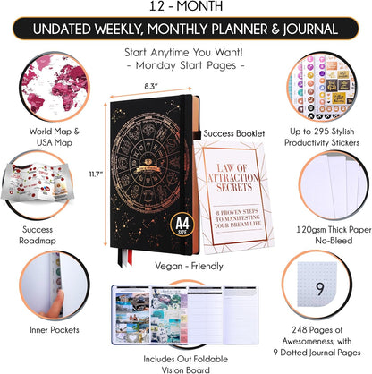 Life Planner - Undated Weekly & Monthly Planner, 12-Month Journey to Increase Productivity | Gratitude Journal, Life Organizer & Goal Journal | Include Foldable Vision Board, Habit Tracker & Stickers