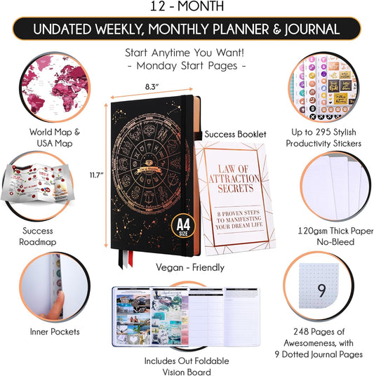 Life Planner - Undated Weekly & Monthly Planner, 12-Month Journey to Increase Productivity | Gratitude Journal, Life Organizer & Goal Journal | Include Foldable Vision Board, Habit Tracker & Stickers