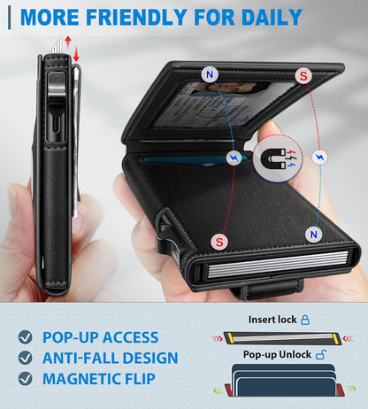 miyozi Airtag Wallet for Men Money Clip 9-Card Pop-Up Credit Card Holder with ID Window RFID Blocking Metal Case Magnetic Closure Front Pocket Wallet Gift Box | with Money Clip
