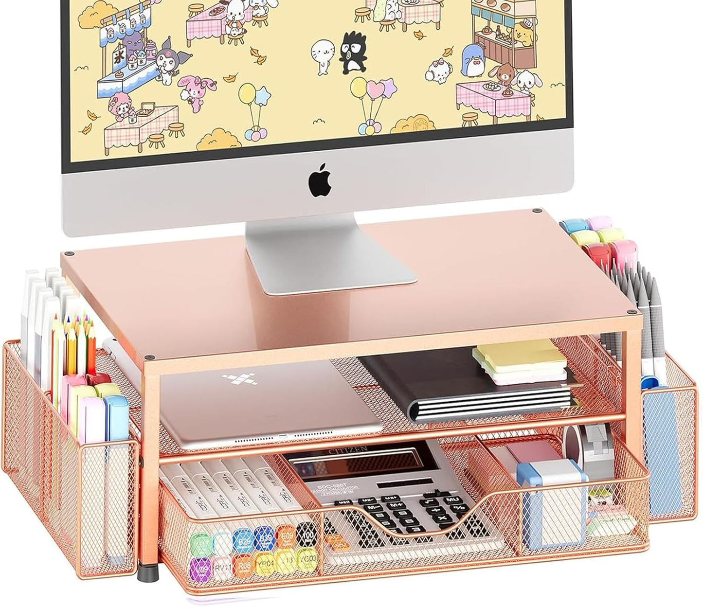 OPNICE Wood Desk Organizers and Accessories, 2-Tier Computer Monitor Stand Riser with Drawer and 2 Pen Holders, Laptop Stand, Office Desk Accessories for Office Supplies, Brown