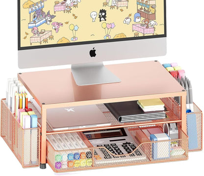 OPNICE Wood Desk Organizers and Accessories, 2-Tier Computer Monitor Stand Riser with Drawer and 2 Pen Holders, Laptop Stand, Office Desk Accessories for Office Supplies, Brown