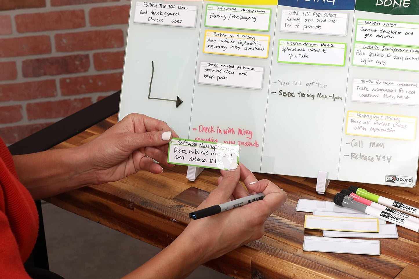 Desktop Kanban Board & Whiteboard (Double-Sided) 18” x 11” Glass Dry Erase Board with Stand, 24 Reusable Task Cards, 6 Markers – Scrum Agile Project Management Desk Planner