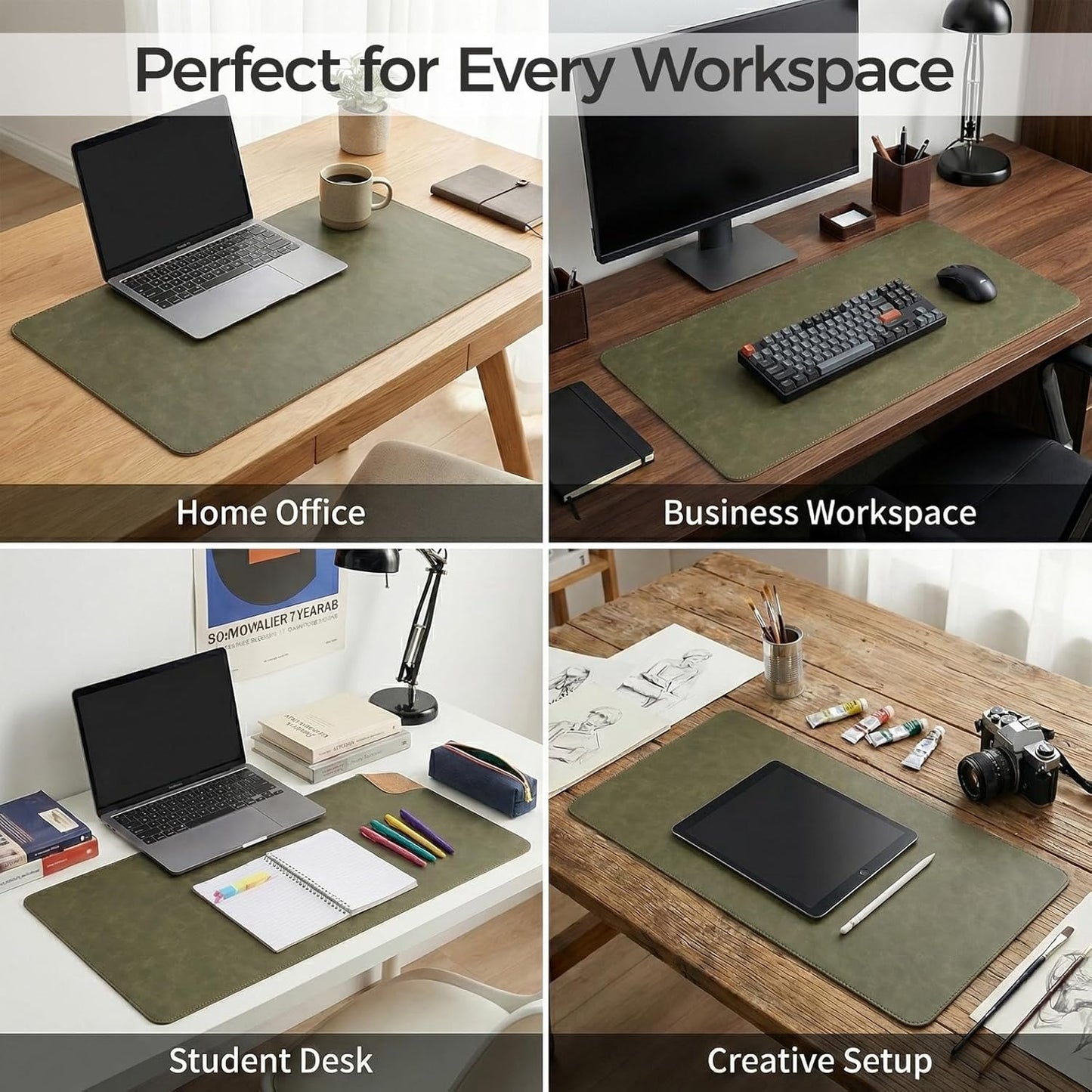 Premium Faux Leather Desk Mat & Tray Set，Innovative Cork-Look Printed Base，Gift Tube Packaging，Full-Desk Coverage，Non-Slip Desk Pad for Office Home（Olive Green）
