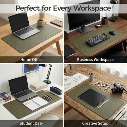 Premium Faux Leather Desk Mat & Tray Set，Innovative Cork-Look Printed Base，Gift Tube Packaging，Full-Desk Coverage，Non-Slip Desk Pad for Office Home（Olive Green）