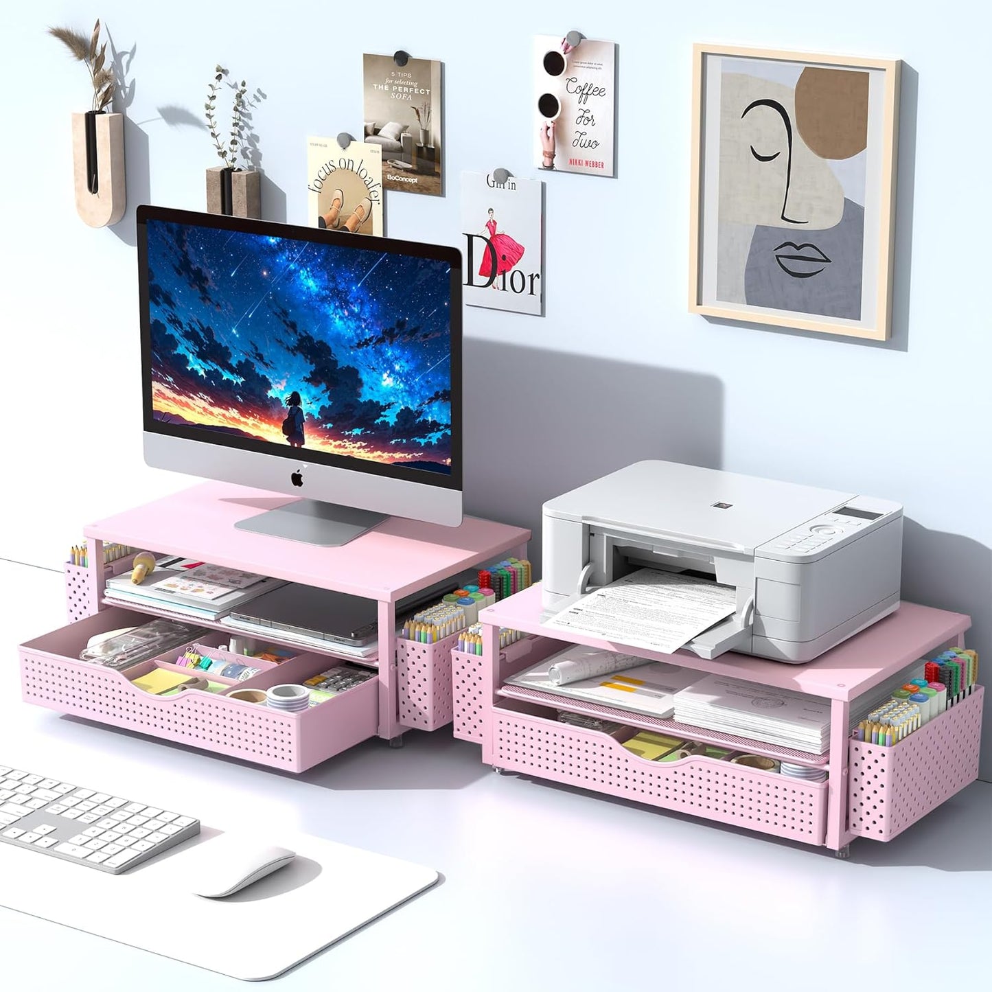 Spacrea Desk Organizer and Accessories, Computer Monitor Stand Riser with Drawer and 2 Pen Holders, Office Desk Accessories & Workspace Organizers for Office Supplies (Wood)