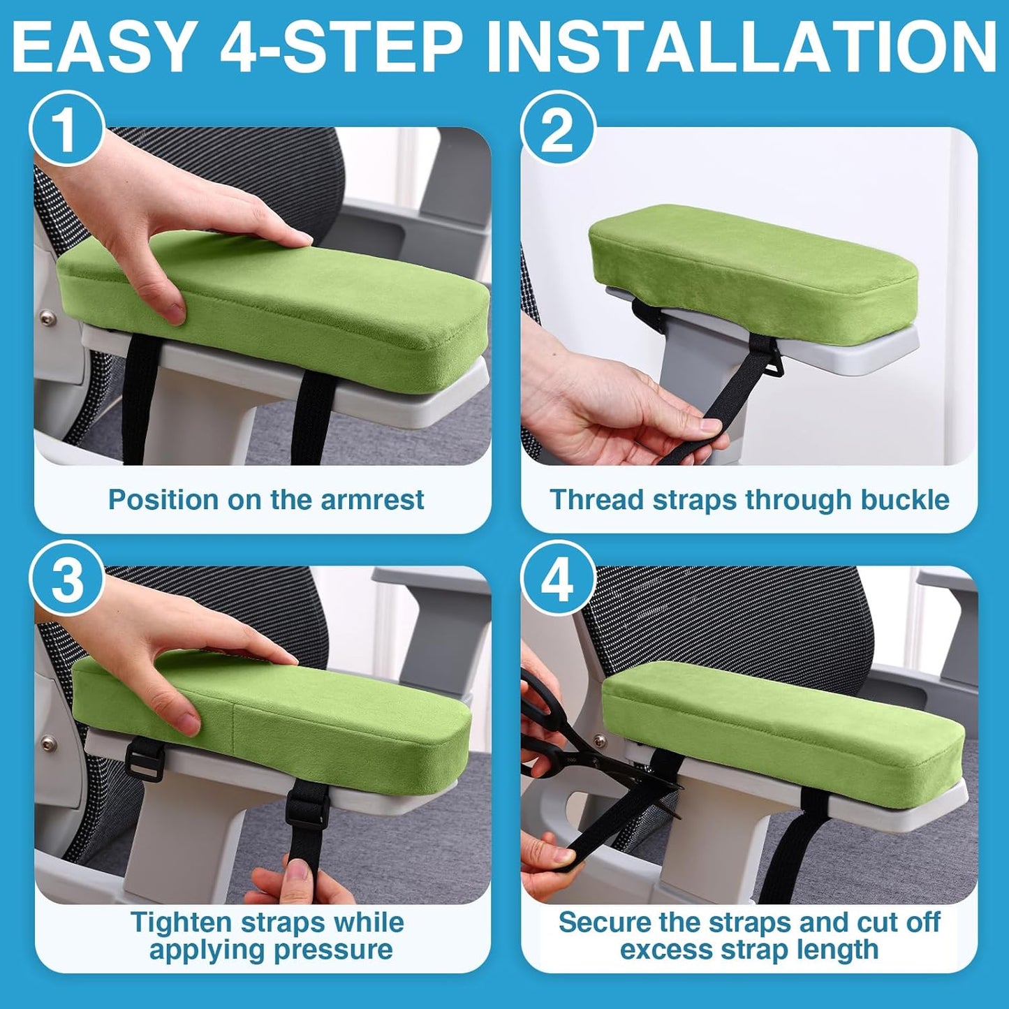 Smiry Ergonomic Office Chair Armrest Pads, Memory Foam Arm Rest Covers, Non-Slip Armrest Cushion with Adjustable Buckles and Straps, Elbow Relief for Desk, Gaming & Wheelchair (Black, Set of 2)