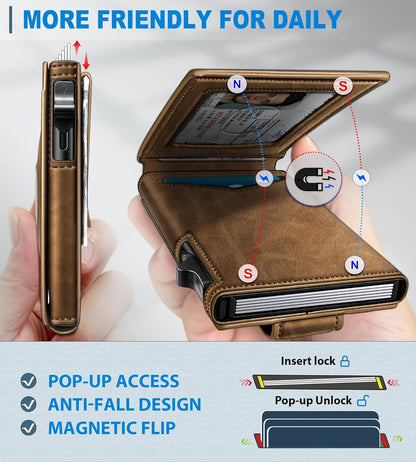 miyozi Airtag Wallet for Men Money Clip 9-Card Pop-Up Credit Card Holder with ID Window RFID Blocking Metal Case Magnetic Closure Front Pocket Wallet Gift Box | with Money Clip