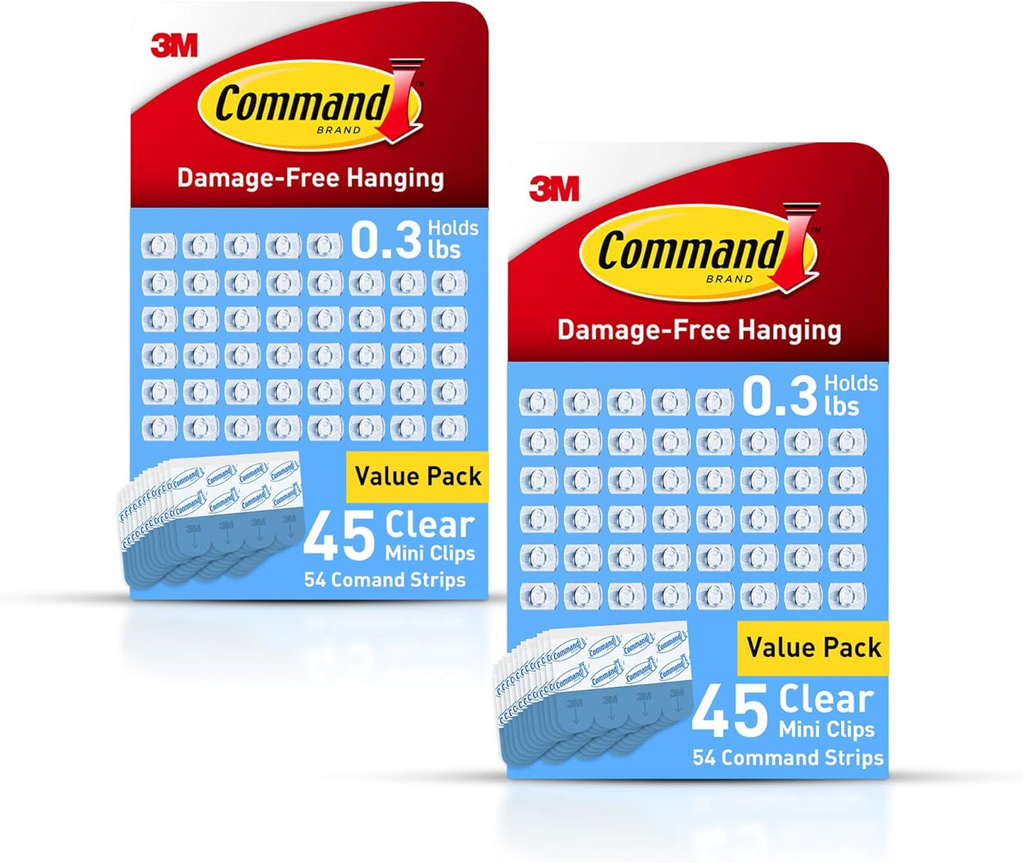 Command Clear Indoor Mini Light Clips Value Pack, 45 Clips, 54 Strips, Damage-Free String Light Hangers for Home, Room, Wall, Office, and Dorm Decor, Great for Cable Management, Holds up to 0.3 lb