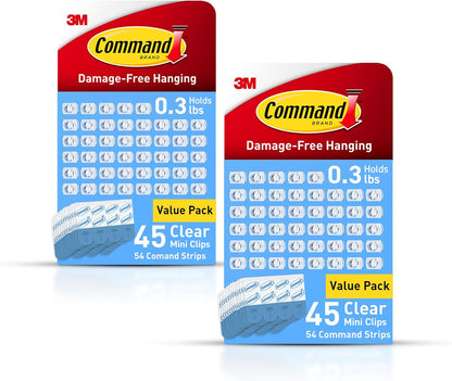 Command Clear Indoor Mini Light Clips Value Pack, 45 Clips, 54 Strips, Damage-Free String Light Hangers for Home, Room, Wall, Office, and Dorm Decor, Great for Cable Management, Holds up to 0.3 lb