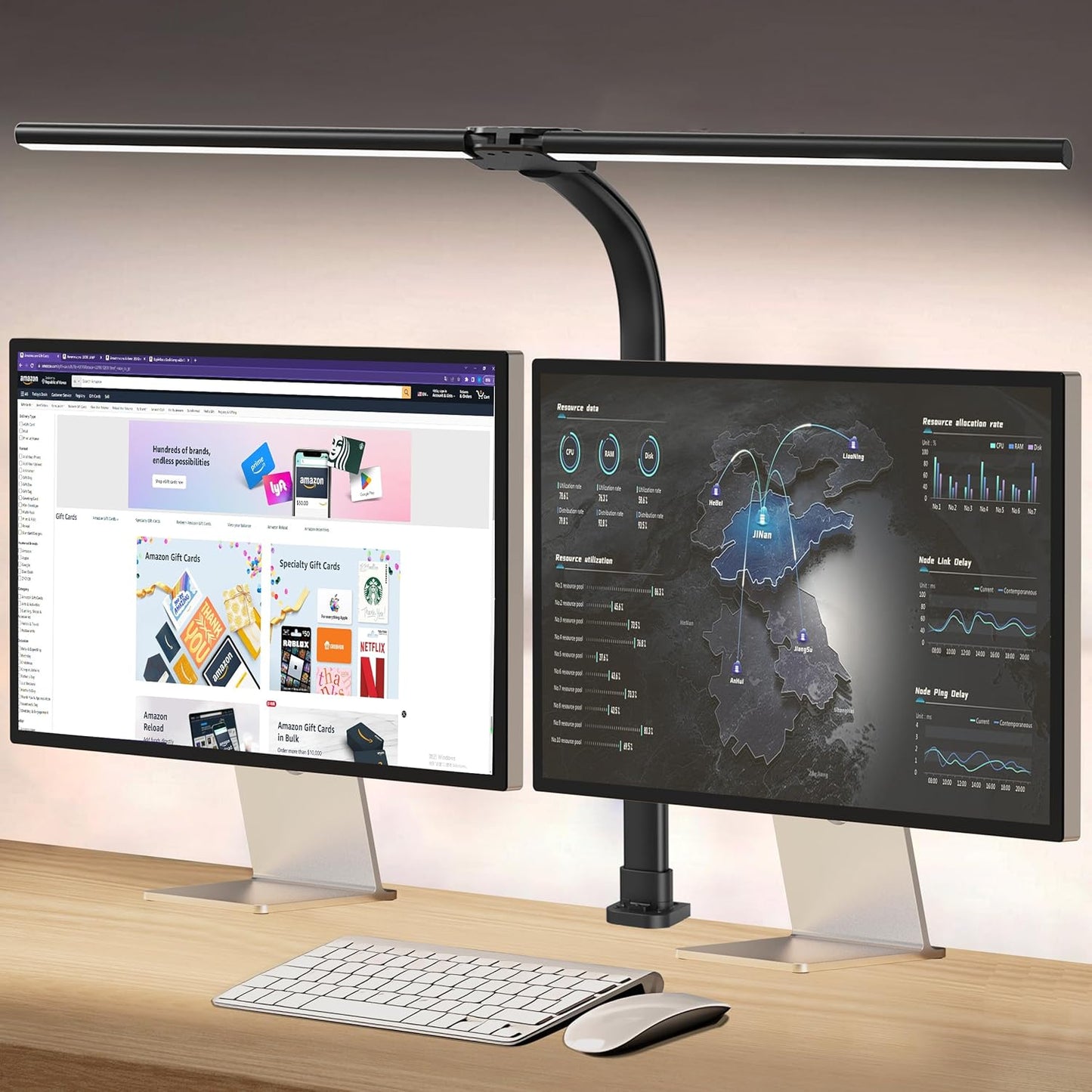 AKRRYR LED Desk Lamp for Home Office, Double Head 24W with Base, Architect Light 5 Lighting Brightness Flexible Gooseneck Table Reading Study, Black