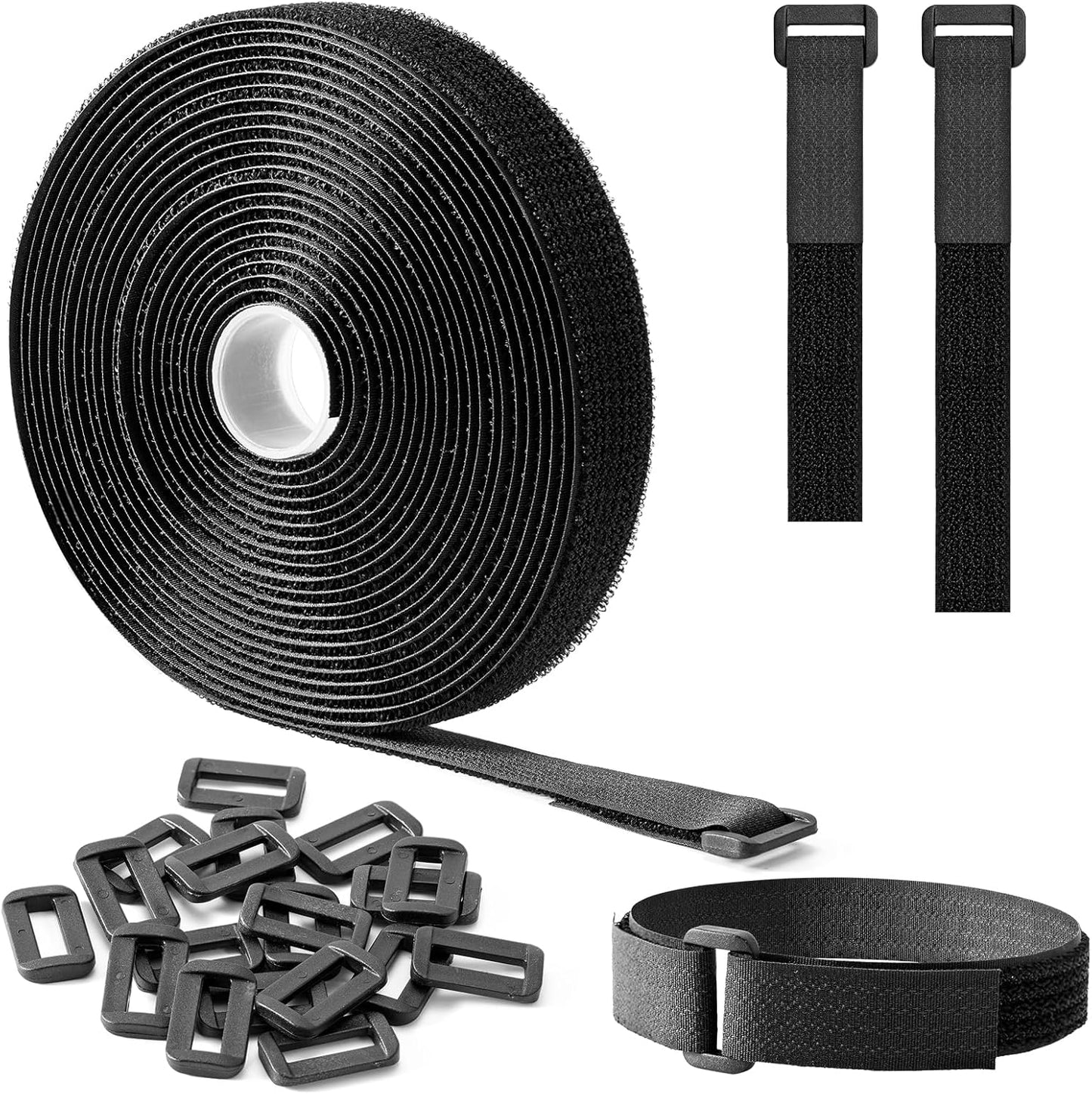 Trilancer 0.8''x 32Ft Reusable Cable Ties, Adjustable Hook and Loop Straps with 50 Buckles, Cut to Length, Ideal for Wire Management, Cord Organizer, and Cable Straps, Black