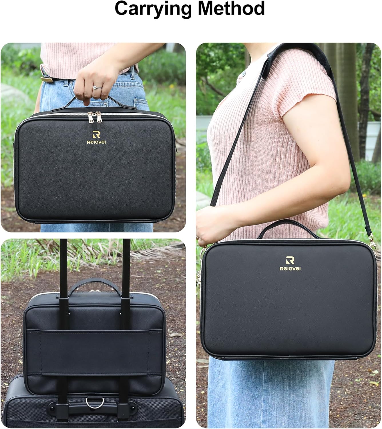 Relavel Travel Makeup Bag With LED Mirror, Cosmetic Train Case with Light up Mirror, Portable Makeup Artist Organizer Bag with Adjustable Dividers, Makeup Brush Holder Storage, Black