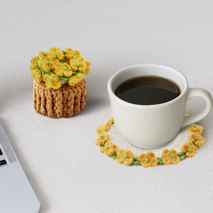Flower Crochet Coasters, Handmade Bouquet Blanket Coaster with Crochet Plant Pot Fun Soft Decorative Drink Coasters for Coffee Tabletop Protection and Home Decor (Pink, 1Pc)
