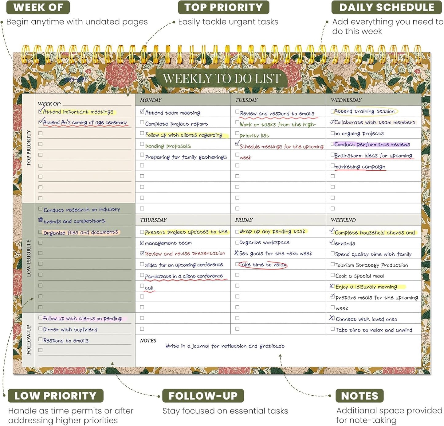 Weekly To Do List Notepad with 52 Undated Sheets（8.5"×11"）- Undated Weekly Planner Notepad for Office Desk Accessories and Supplies - Midnight Lilac