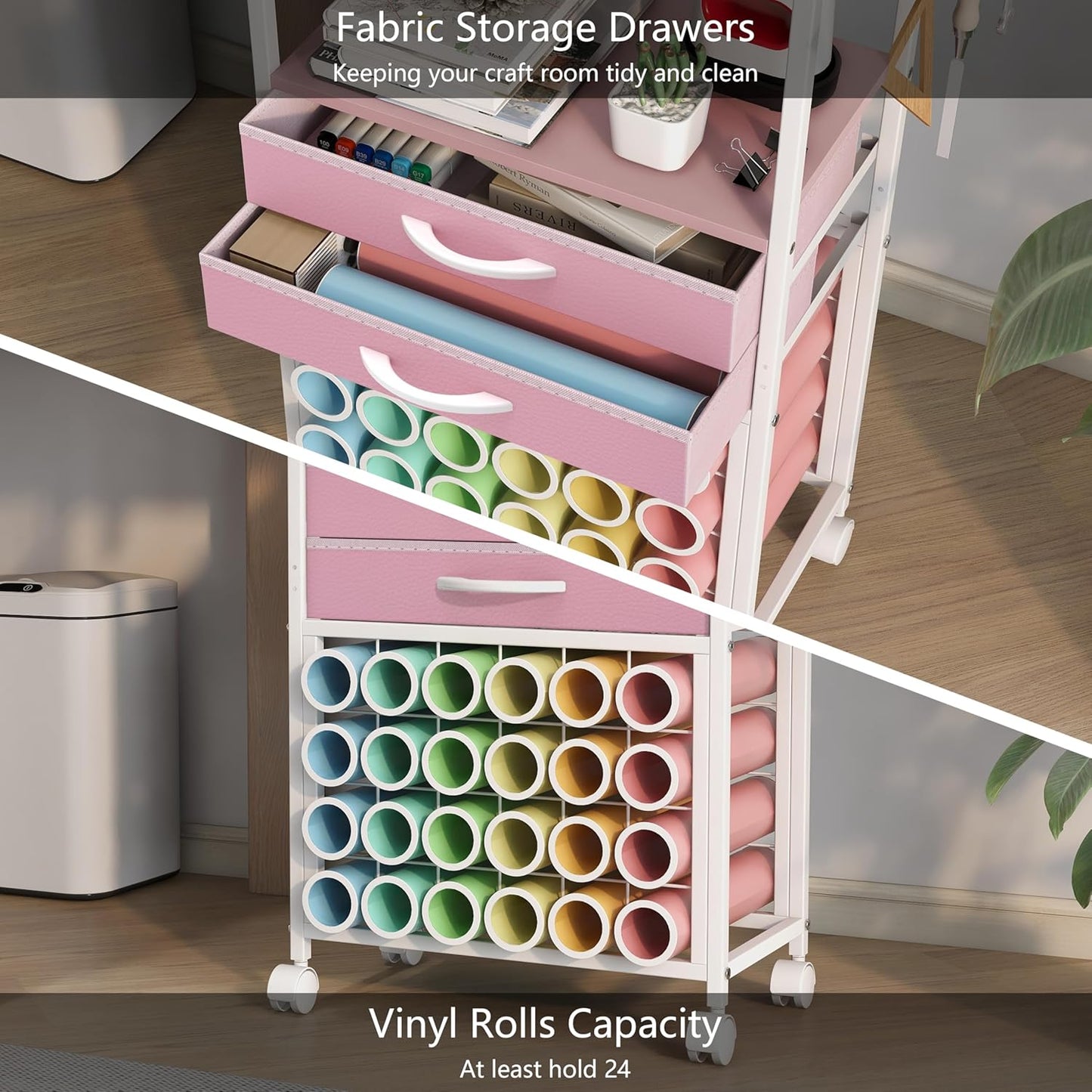 VENNQD Organizer and Storage Stand Compatible with Cricut Machines,Rolling Storage Cart/Shelf with 24 Vinyl Roll Holders，2 Fabric Drawer,Accessories Holder,Tool Hook for Craft Room Home (white)