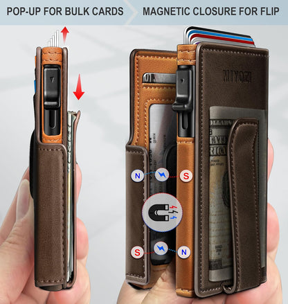 miyozi Airtag Wallet for Men,with Money Clip 10 Cards Metal Case Smart Slim Pop Up Credit Card Holder Flip with Magnetic Closure RFID Blocking wallet with Gift Box