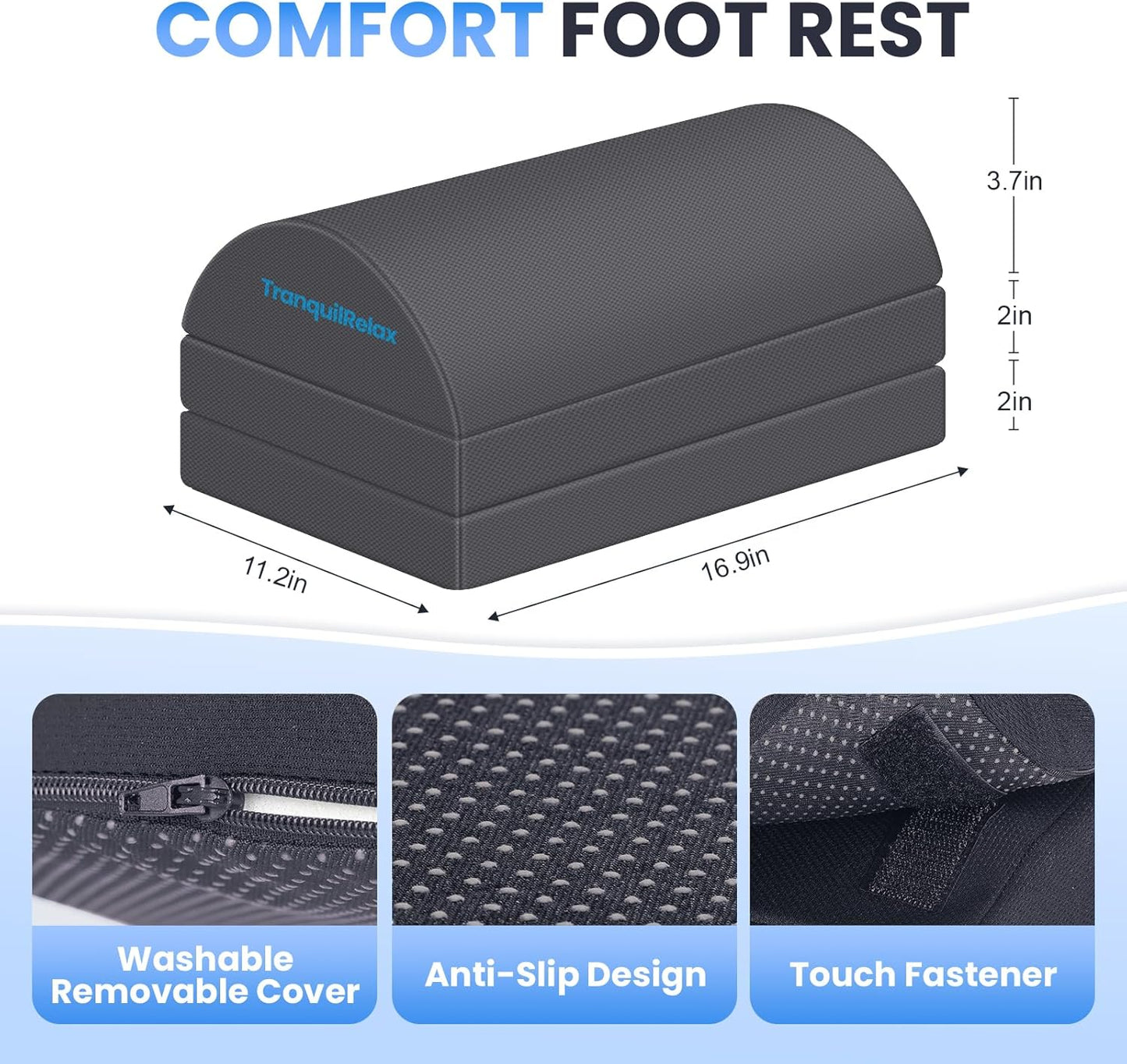 TranquilRelax Foot Rest for Under Desk at Work, Gaming Accessories Foot Stool with 3 Adjustable Heights & Washable Cover, Comfortable Office Desk Accessories, Footrest for Office, Home and Car (Black)