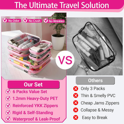 YQBRAO 6 Pack Clear Hard Shell Zipper Case, 1.2mm Heavy Duty Crush-Proof Diaper Bag Organizer Pouches, TSA Approved Travel Makeup Bag for Toiletries & Electronics, (2L, 2M, 2S) Multi-Size Storage Set