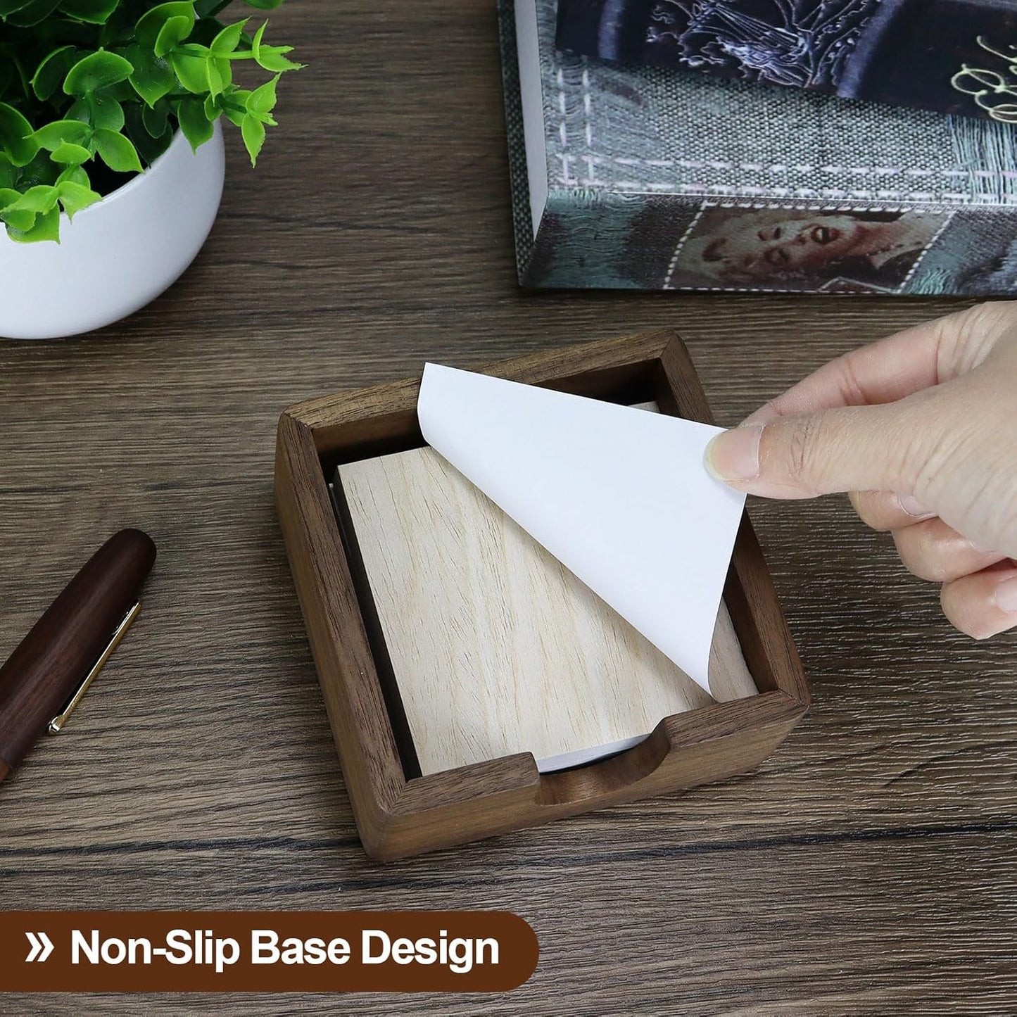 Buqoo 4x6 Notepad Holder Dispenser, Walnut Wood Sticky Notes Memo Pad Holder Dispenser Desk Supplies Organizer Accessories for Office Home Schools