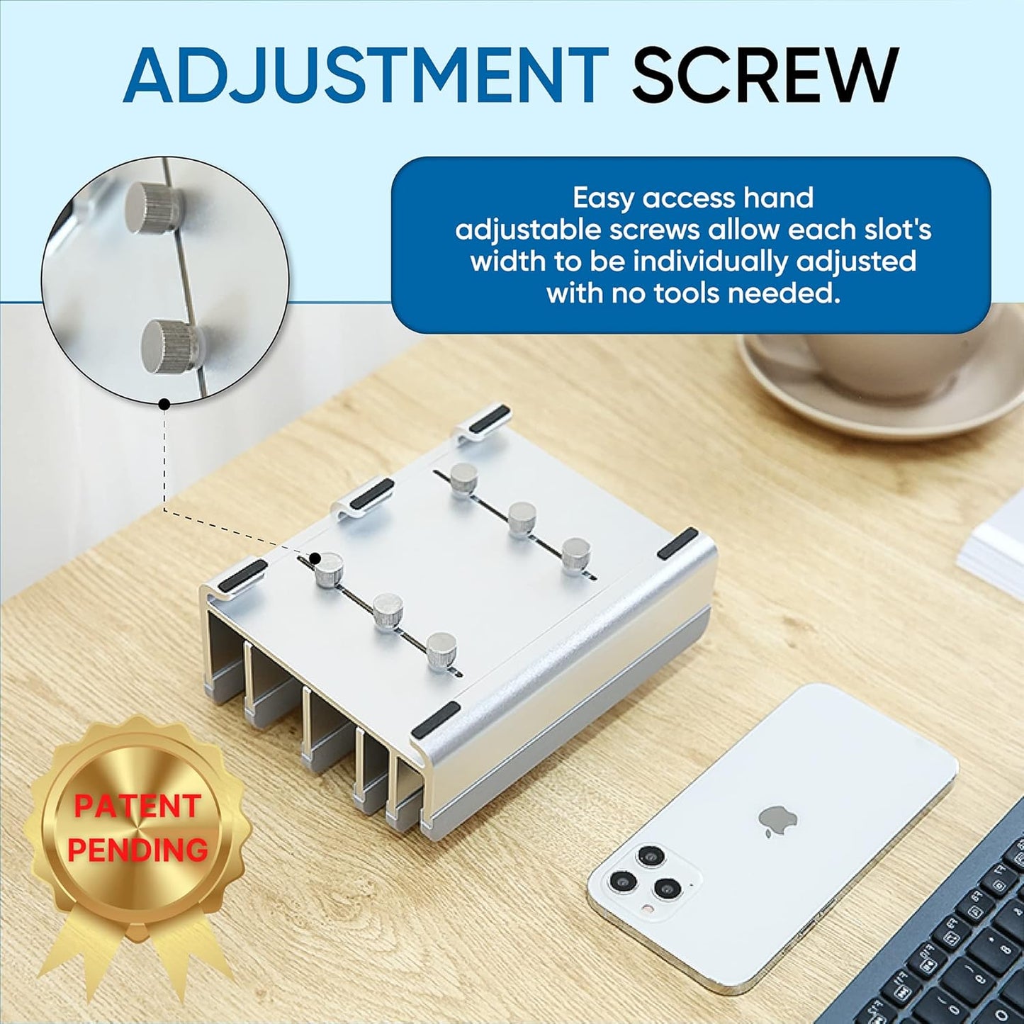 Elestoria 5- Slot Vertical Laptop Stand - Aluminum Laptop Stand Vertical for Desk - Adjustable Width (12-38mm) Fits MacBook Pro/Air, Surface & Gaming Laptops upto 17.3"-Heavy Duty Laptop Holder-Silver