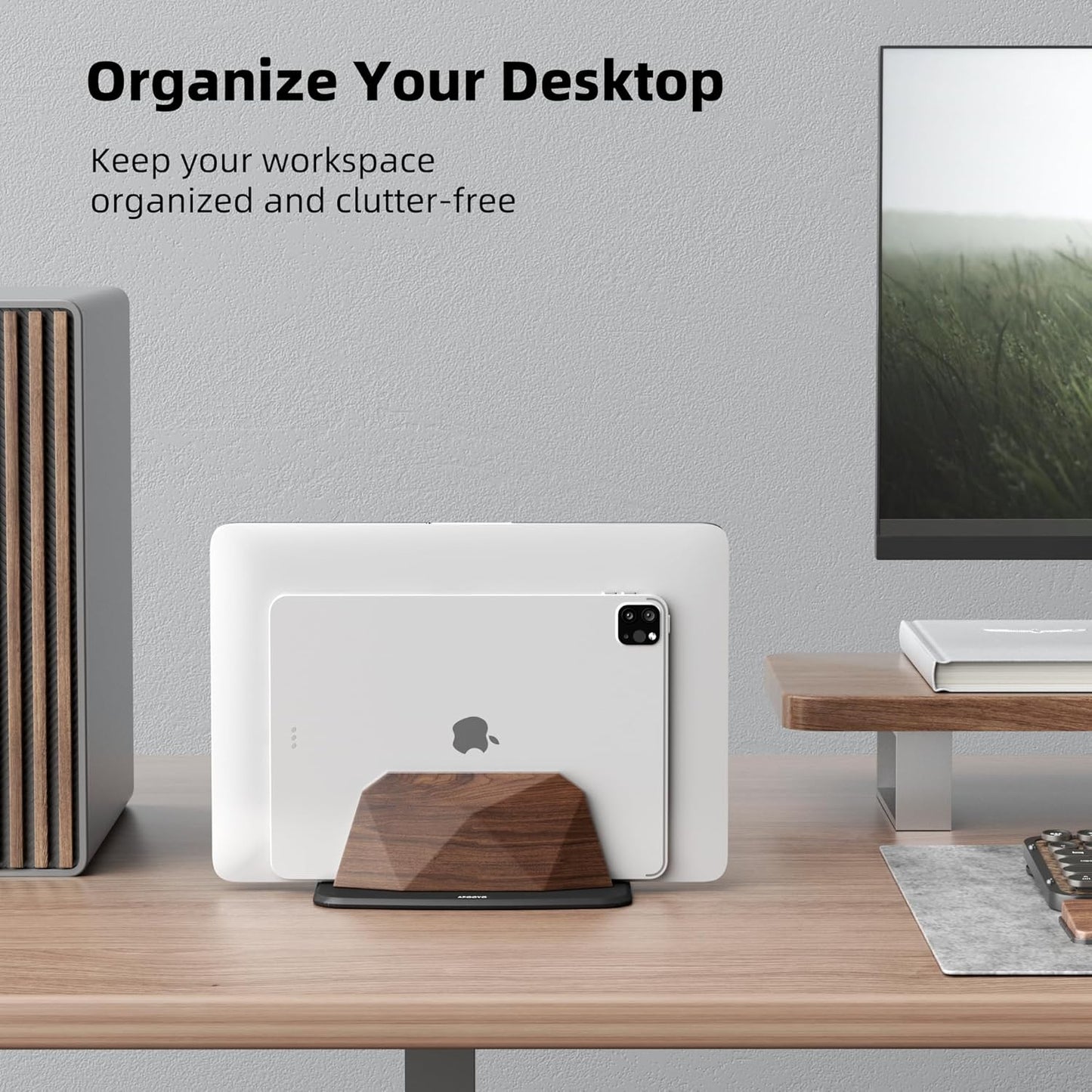 AFOOYO Vertical Laptop Stand - Dual Slots Walnut Adjustable Laptop Holder,Desktop Dock Compatible with All MacBook, Surface,Chromebook,Dell & More(Walnut)