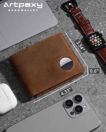 Mens Wallet With AirTag Holder, Bifold Leather RFID Blocking 1-2 ID Windows 12-13 Card Holders, Gift Box and Screen Protector Included, AirTag Not Included
