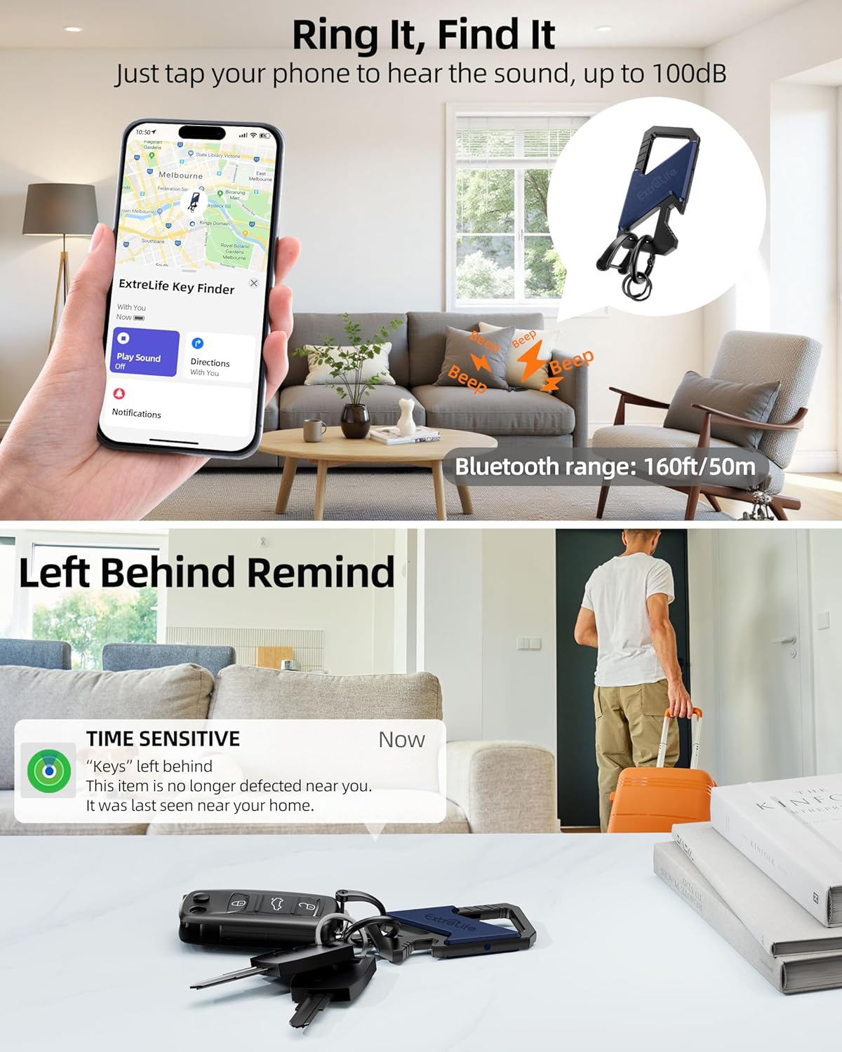 Keychain, Works with Apple Find My, Heavy Duty Keychain Bottle Opener, Carabiner Car Key Chains for Men & Women, Car Key Fob Holder, Anti-Lost Keys Tracker, Smart Keys Finder, Rechargeable, Black