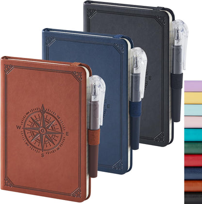 NIRMIRO 3 Pack Pocket Notebook Journals, Small Notepad Notebooks for Note Taking, A6 Mini Note pads with Pen Holder, 408 Lined Pages, 3.7" x 5.7", Black, Brown, Blue