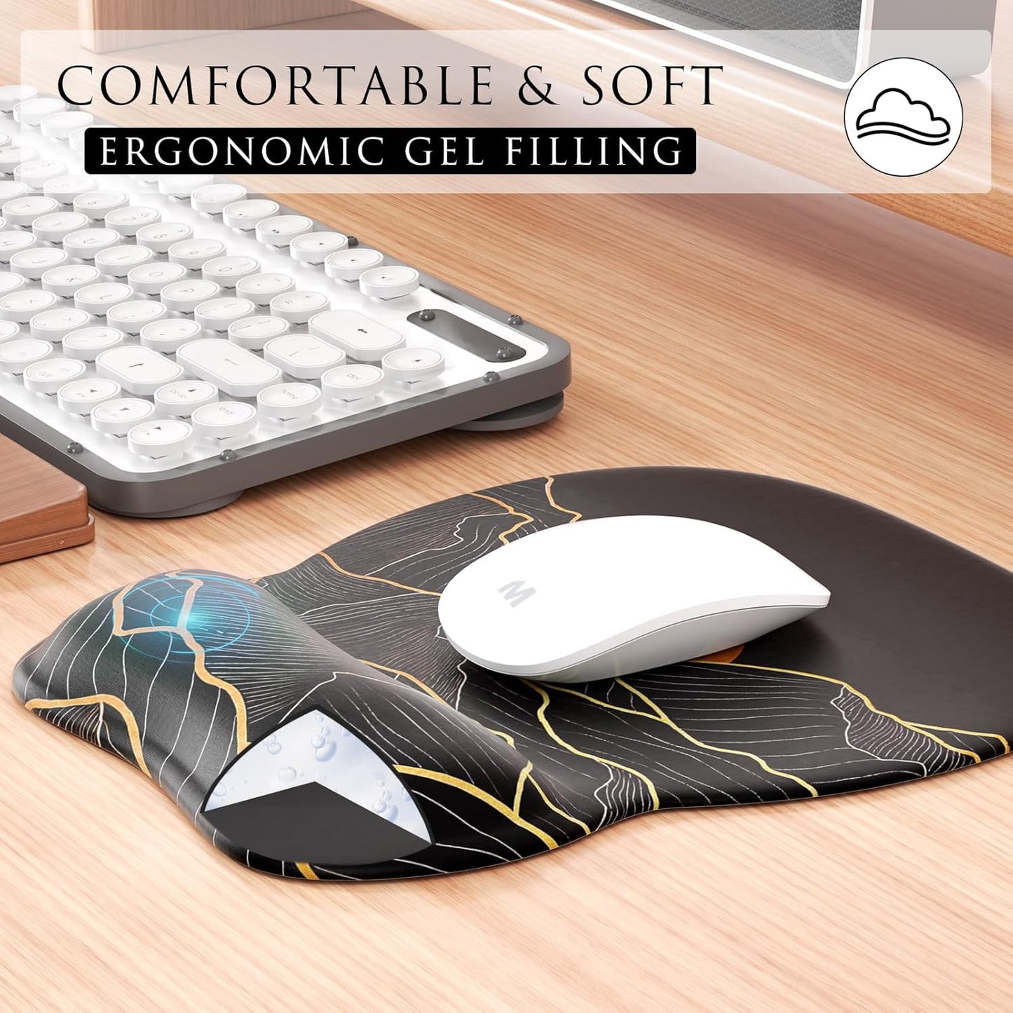MROCO Ergonomic Mouse Pad with Gel Wrist Rest, Smooth Wrist Support Surface, Non-Slip PU Base for Pain Relief, Comfortable Mousepad for Computer, Laptop, Office & Home, 9.4 x 8.1 in, Black