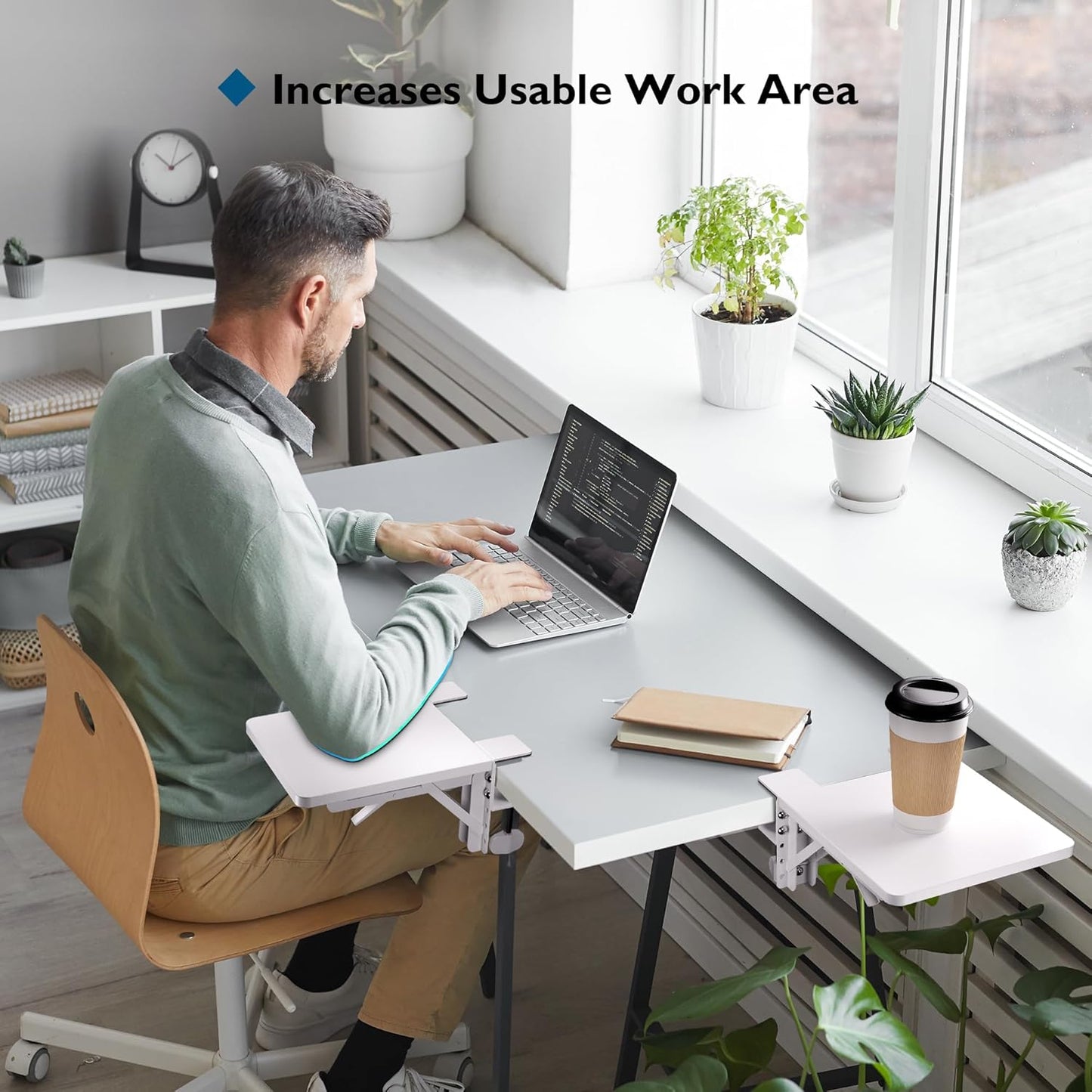 BONTEC Desk Extender Tray, 11.8"x5.9" Table Mount Arm Wrist Rest Shelf, 90°Foldable Elbow Support, Clamp on Computer Arm Rest for Desk, Office & Home Use, Durable & Easy to Install, Black Carbon Fiber