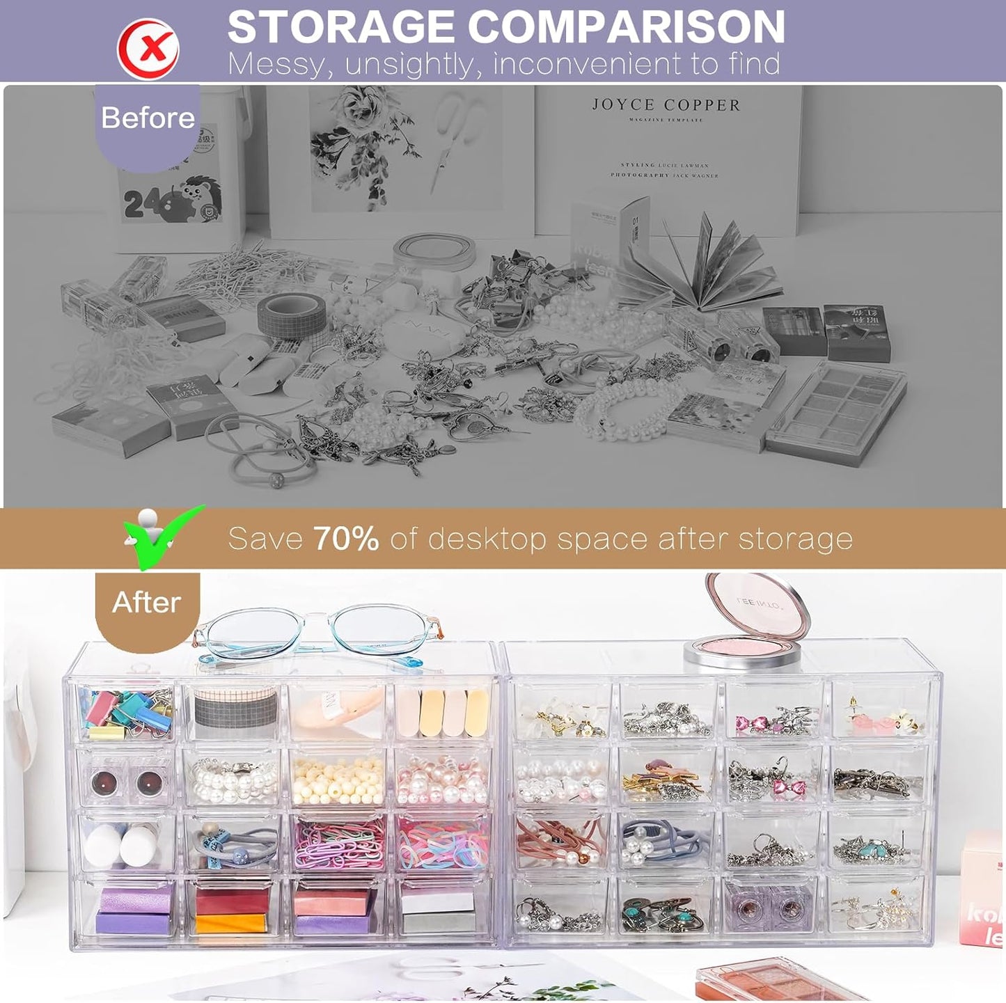 Desk Storage Organizer with 16 Mini Drawers, FODIENS Stackable Desktop Craft Drawer Cabinet, Clear Storage Box Caddy for Makeup Jewelry Office Craft Supplies