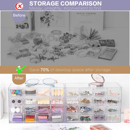 Desk Storage Organizer with 16 Mini Drawers, FODIENS Stackable Desktop Craft Drawer Cabinet, Clear Storage Box Caddy for Makeup Jewelry Office Craft Supplies
